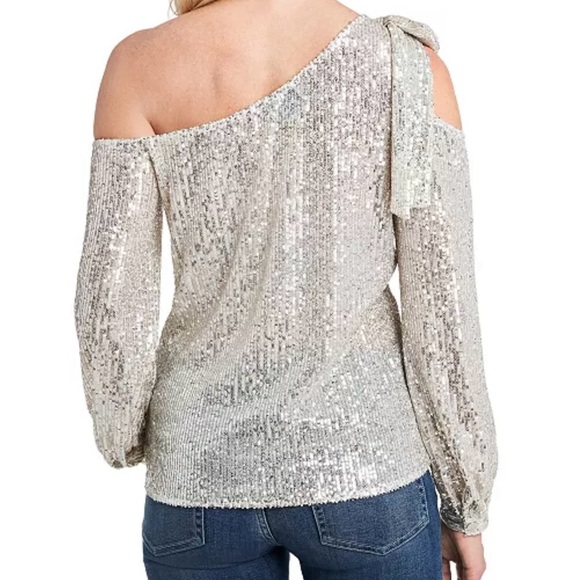 NWOT LONG SLEEVE SEQUIN BOW DETAIL ONE-SHOULDER TOP - Picture 2 of 3